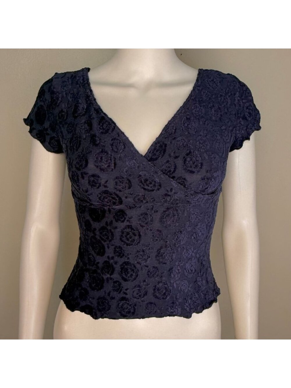 Vintage 1990s/Y2K Navy Blue Floral Velvet Burn Out Top, Jazz Sport XS, Mesh Knit